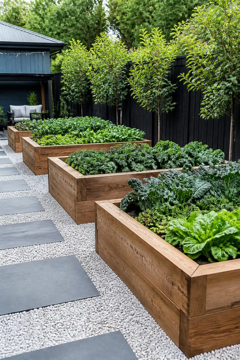 Create An Elegant Gravel Oasis A realistic photo of a sophisticated backyard featuring three massive wooden raised beds filled with dark leafy kale and lettuce sitting on a bed of crisp white gravel with grey stone stepping paths.