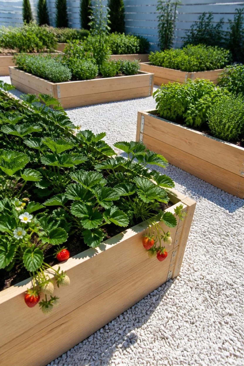 Layout With White Gravel Paths A realistic photo of several large light wood raised beds filled with strawberry plants and herbs separated by clean white gravel pathways under a bright afternoon sun.