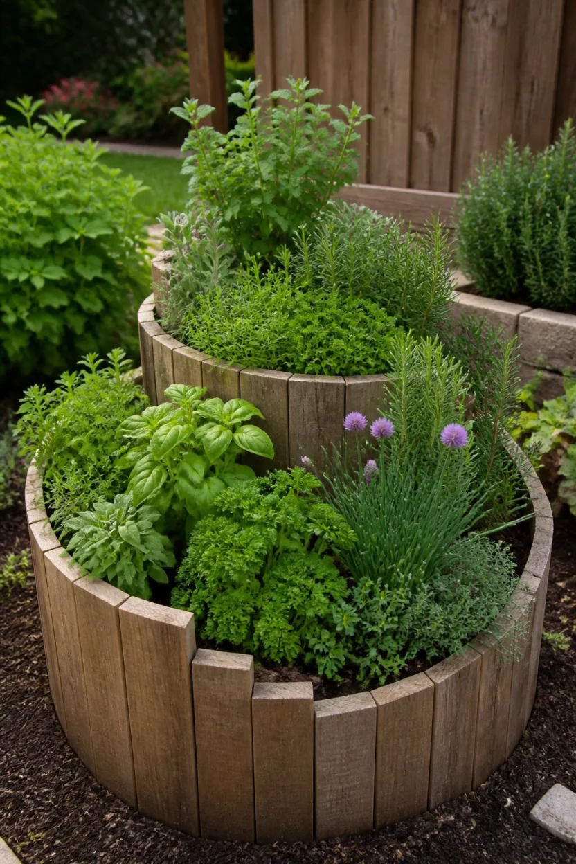 Try A Creative Spiral Design A realistic photo of a spiral shaped raised garden bed made from vertical wooden planks of varying heights filled with fragrant herbs near a wooden backyard fence.
