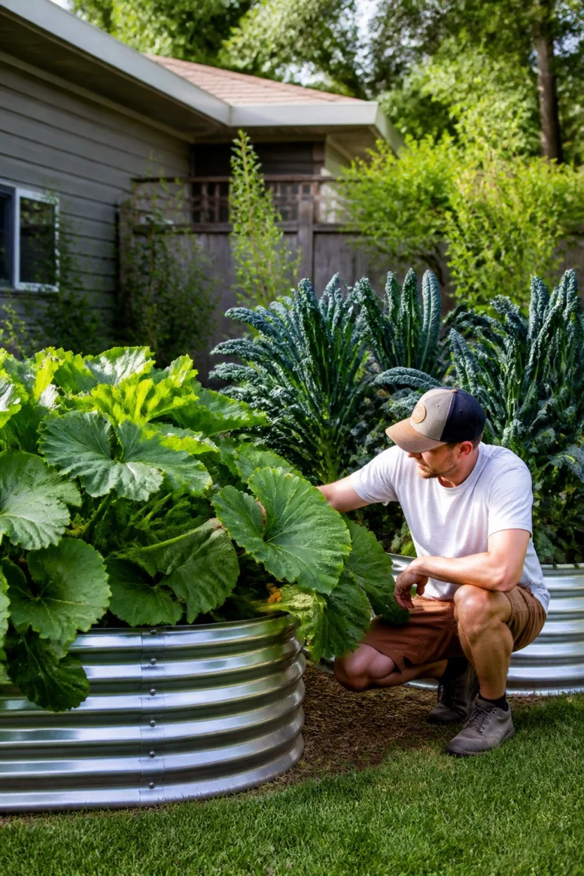 Switch To Galvanized Metal A realistic photo of a man in a cap kneeling next to round galvanized metal raised beds filled with massive squash leaves and tall stalks of kale in a bright residential yard.