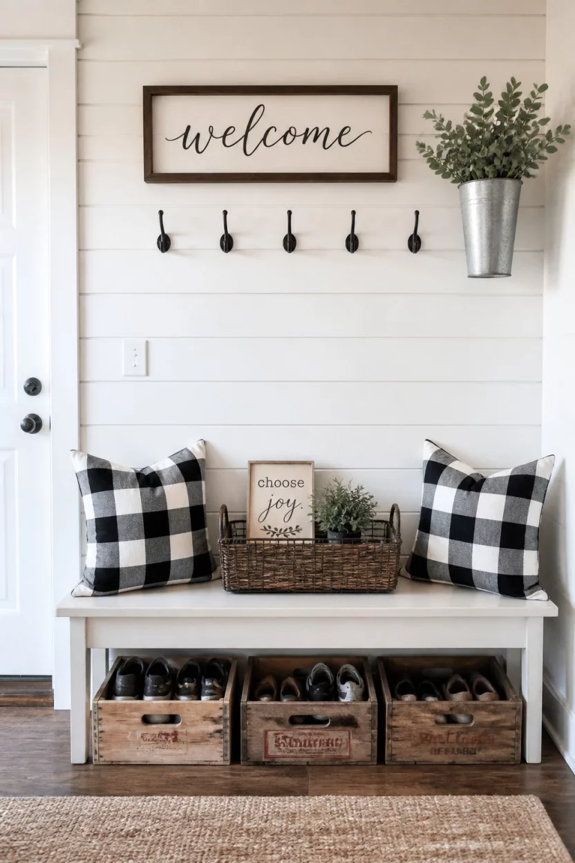 A realistic photo of an entryway with a white wood plank wall backdrop, a white bench with black and white buffalo check pillows, and vintage wooden crates for shoe storage underneath.