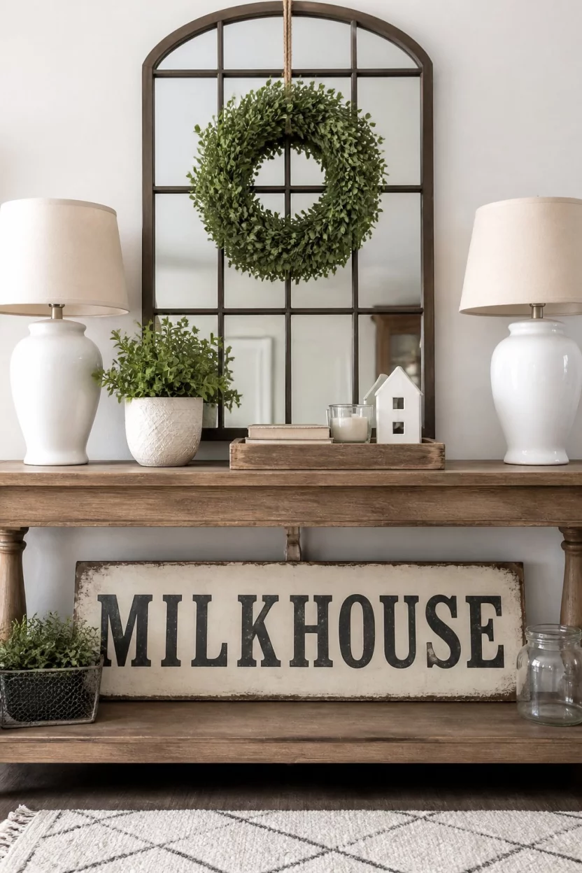 A realistic photo of a rustic console table decorated with two white table lamps, a window pane mirror with a green wreath, and large vintage style milkhouse lettering on the lower shelf.