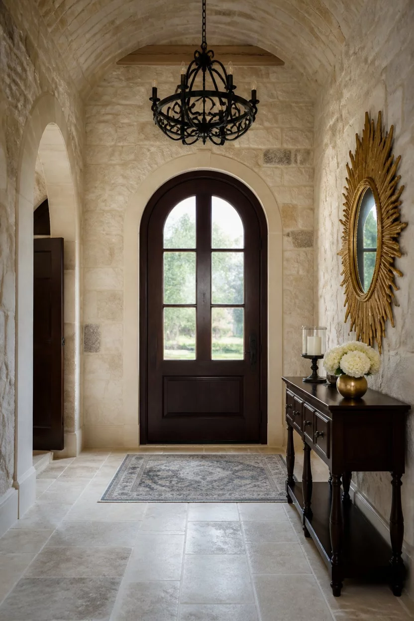 A realistic photo of an elegant entryway with natural stone walls, a dark wood arched front door, a gold sunburst mirror, and a black wrought iron chandelier.