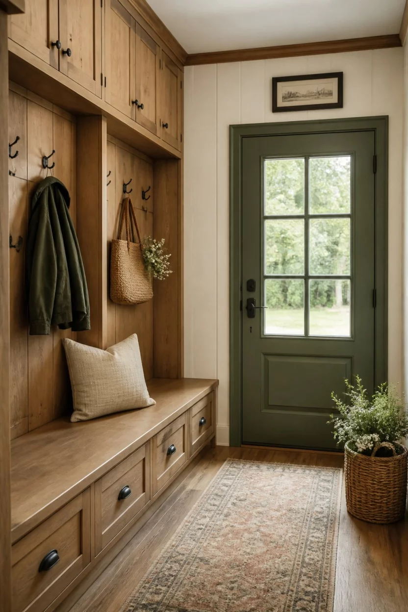 A realistic photo of a warm entryway with wood paneled walls, custom built-in wood cabinets, a matching bench, and a sage green front door with window panes.