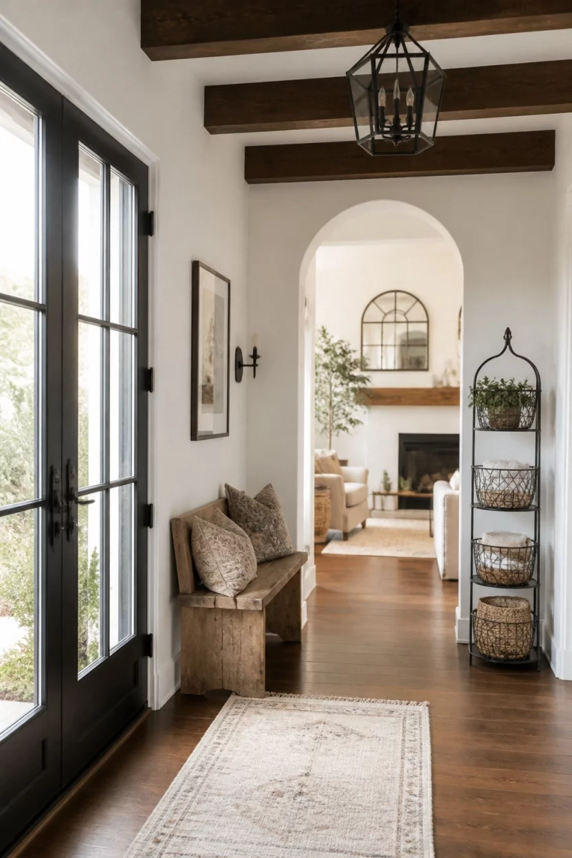 A realistic photo of a light filled entryway with dark wood ceiling beams, an arched doorway, a small reclaimed wood bench, and a tiered metal basket stand for storage.