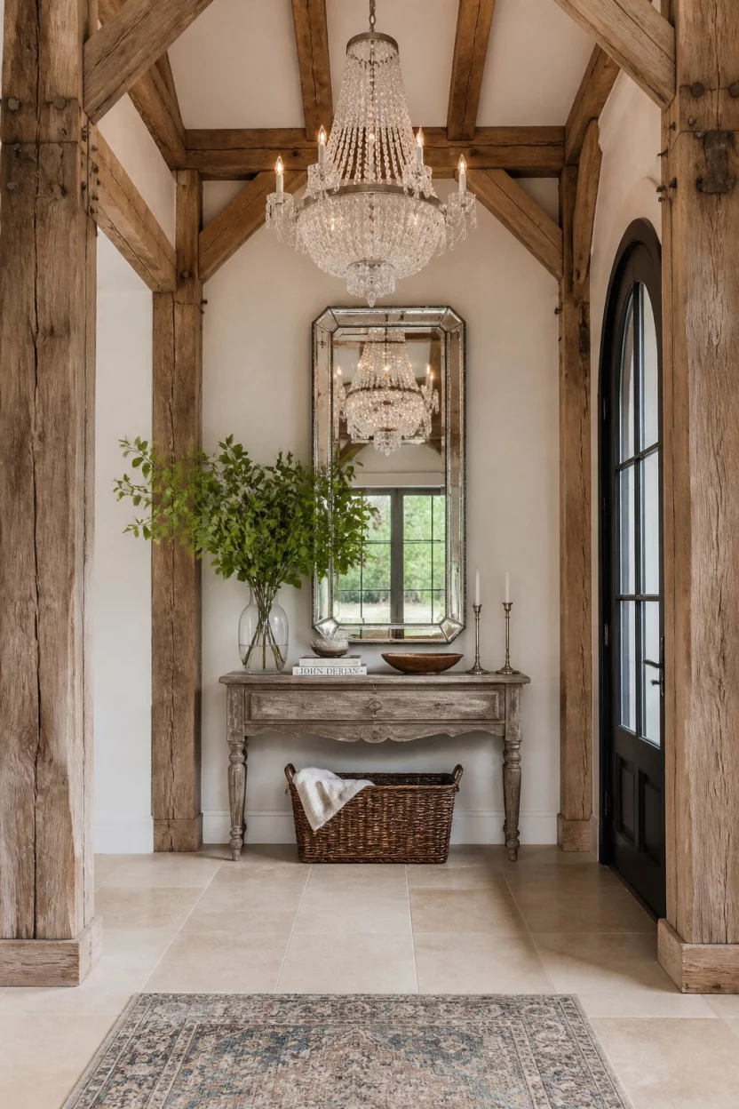 A realistic photo of a sophisticated entryway with exposed timber framing, a distressed wood console table, a tall silver framed mirror, and a sparkling crystal chandelier.