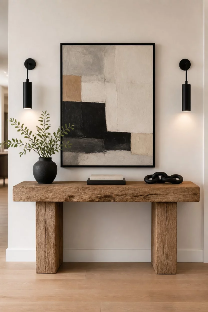 A realistic photo of a modern entryway featuring a thick rough hewn wood slab console table, two black modern wall sconces, and a large piece of abstract art in a black frame.