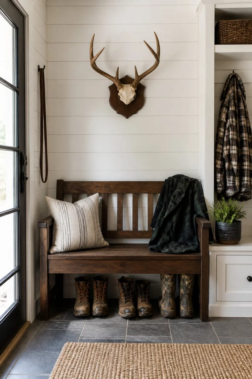 A realistic photo of a practical entryway featuring a white shiplap wall, a deer antler mount, and a dark wood bench with muddy leather boots tucked underneath.