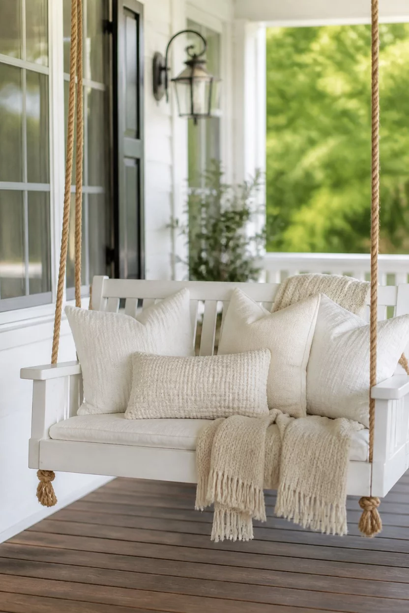 A realistic photo of a white porch swing hung with thick brown ropes, covered with white and cream textured pillows and a cozy knit throw blanket.