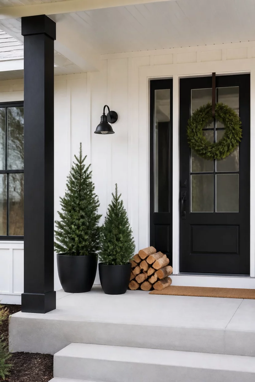 A realistic photo of a modern white porch with dark trim, featuring two small evergreen trees in black pots, a simple green wreath, and a stack of natural wood logs.