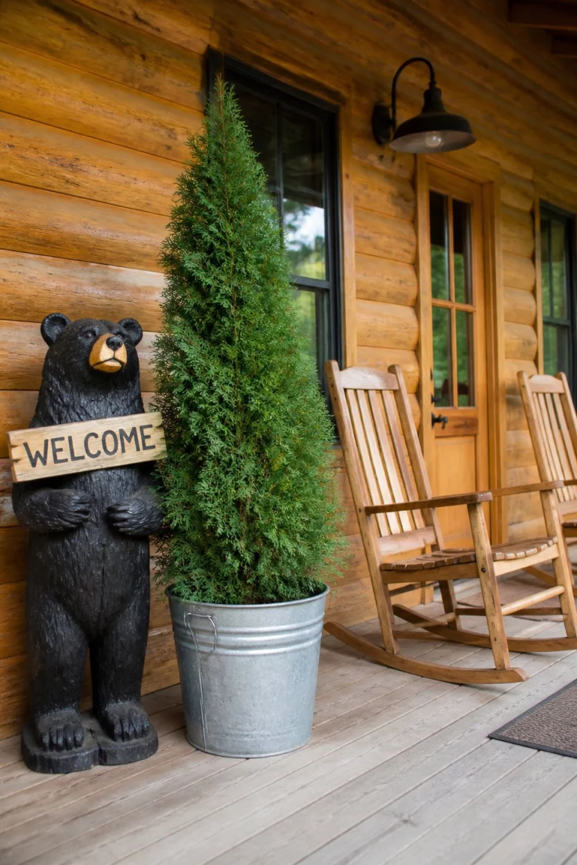 A realistic photo of a rustic cabin entrance with natural wood rocking chairs, a large carved bear statue, and a tall potted evergreen tree in a silver galvanized bucket.