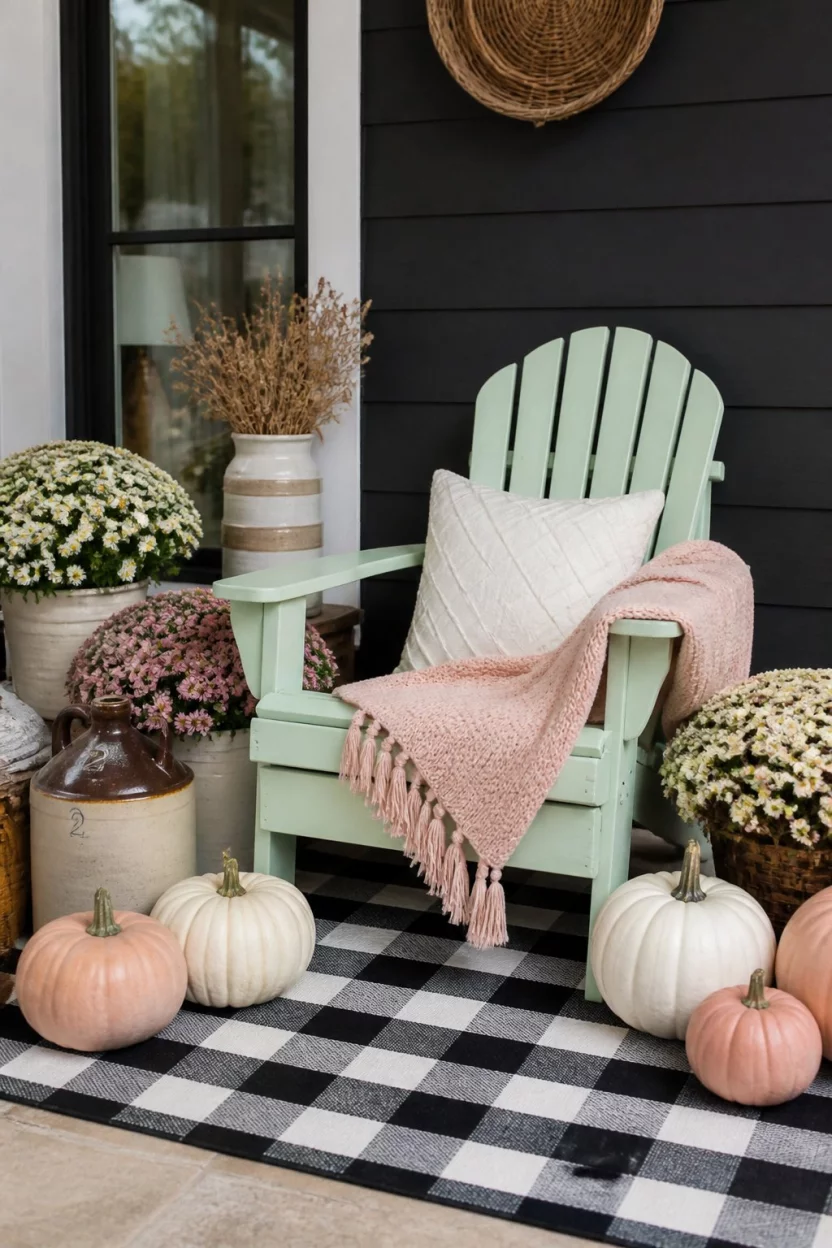 A realistic photo of a mint green Adirondack chair on a black and white buffalo check rug, surrounded by white and pink pumpkins, colorful mums, and rustic ceramic jugs.