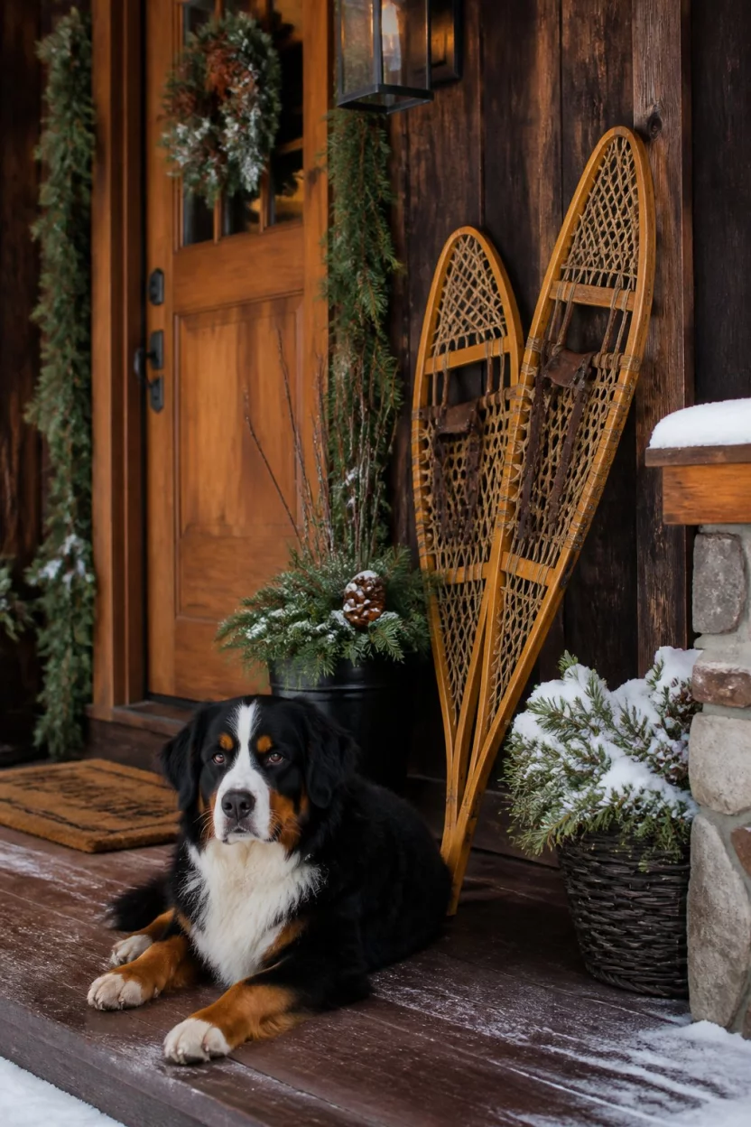 A realistic photo of a rich warm wood porch decorated for winter with holiday greenery, evergreen wreaths, and vintage wood snowshoes leaning against the wall near a large dog.