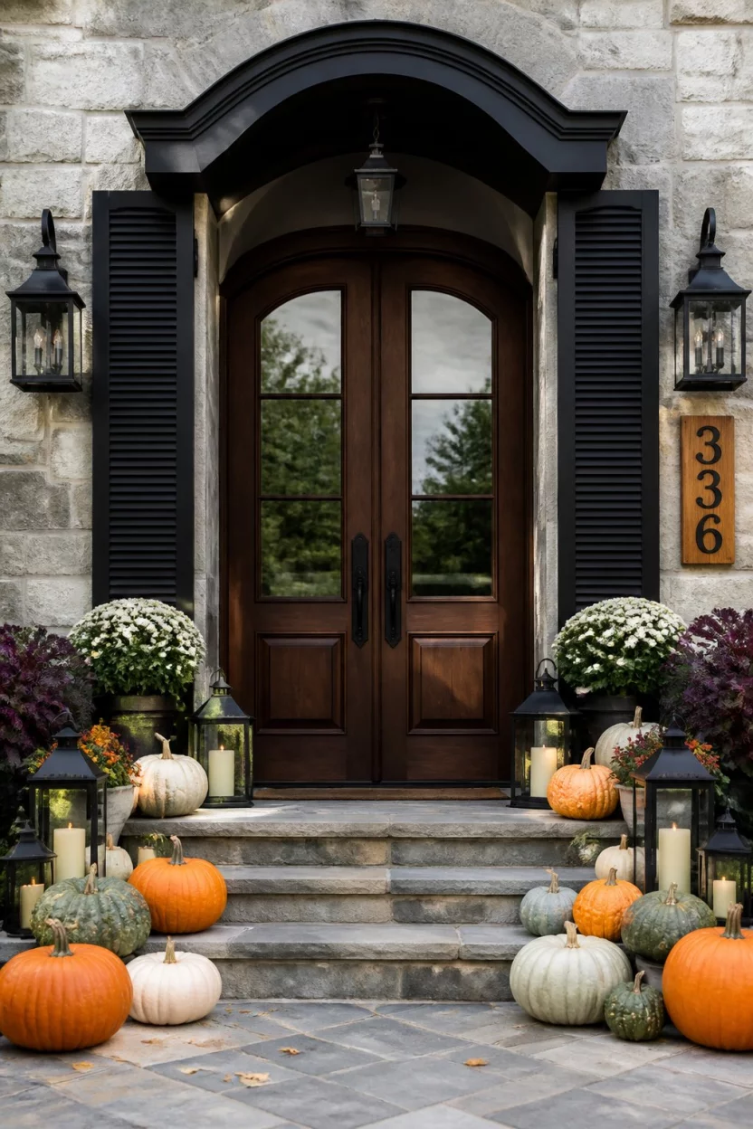 A realistic photo of a grand double door entrance framed by dark black shutters, decorated with a variety of pumpkins and gourds on the steps, black lanterns, and a custom rustic wood address sign.