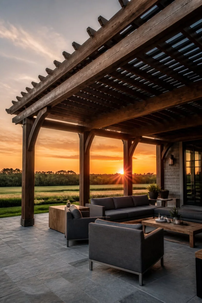 Farmhouse Sunset Pavilion A realistic photo of a massive rustic farmhouse style pergola at sunset, showing wide wooden beams shading a large outdoor living area with modern gray furniture and a peaceful field in the background.