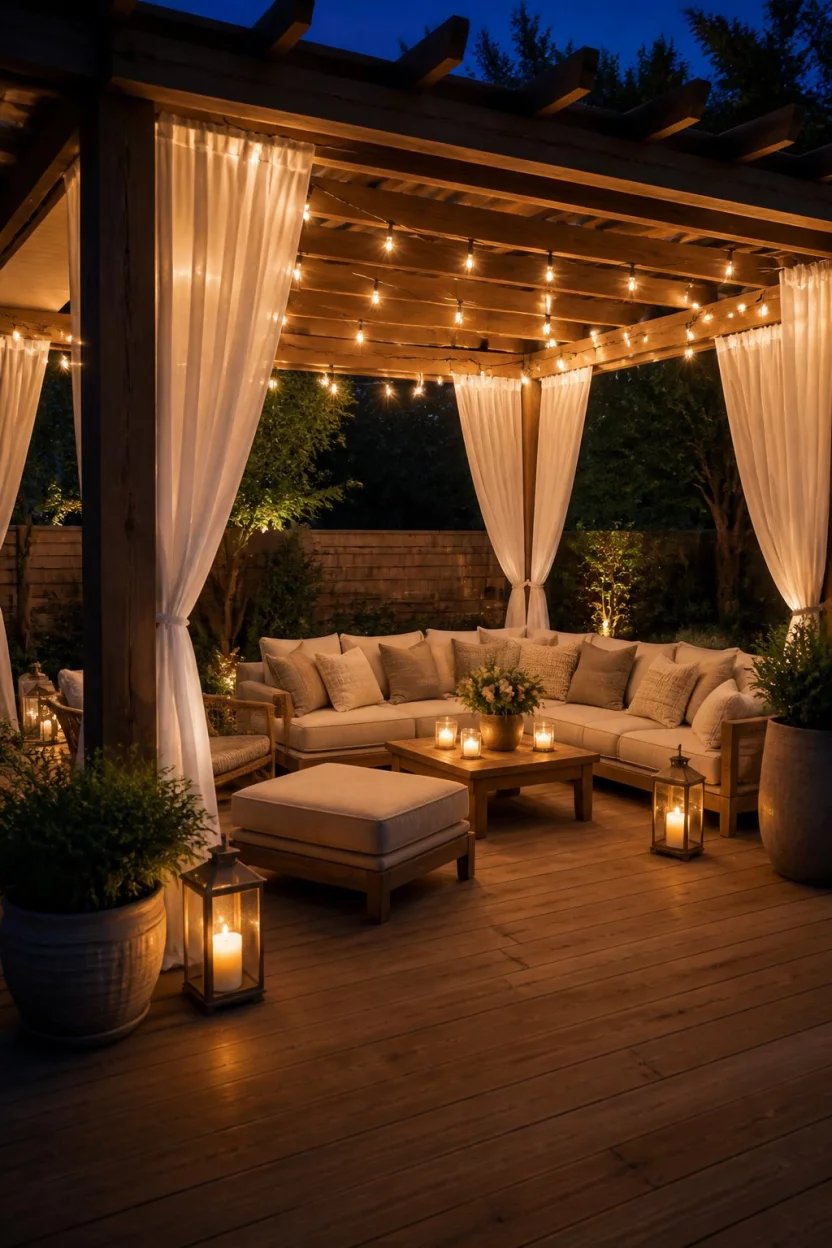 Midnight Curtain Oasis A realistic photo of a wooden pergola at night illuminated by warm string lights and candles, featuring sheer white curtains tied to the posts and comfortable lounge seating with many soft pillows and potted plants.