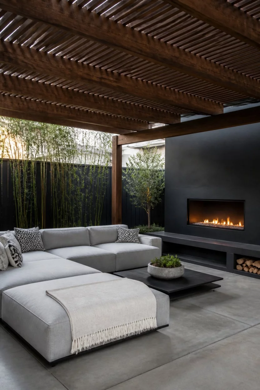 Modern Dark Slat Retreat A realistic photo of a modern patio featuring a dark stained wood slat pergola roof over a low profile light gray sectional sofa with patterned pillows, situated next to a sleek black outdoor fireplace on a polished concrete floor.