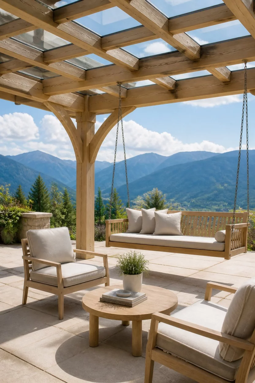 Upscale Mountain View Pavilion A realistic photo of a grand light wood pergola with glass panel accents on the roof, covering an upscale patio with modern light wood furniture and a suspended wooden swing overlooking distant blue mountains.