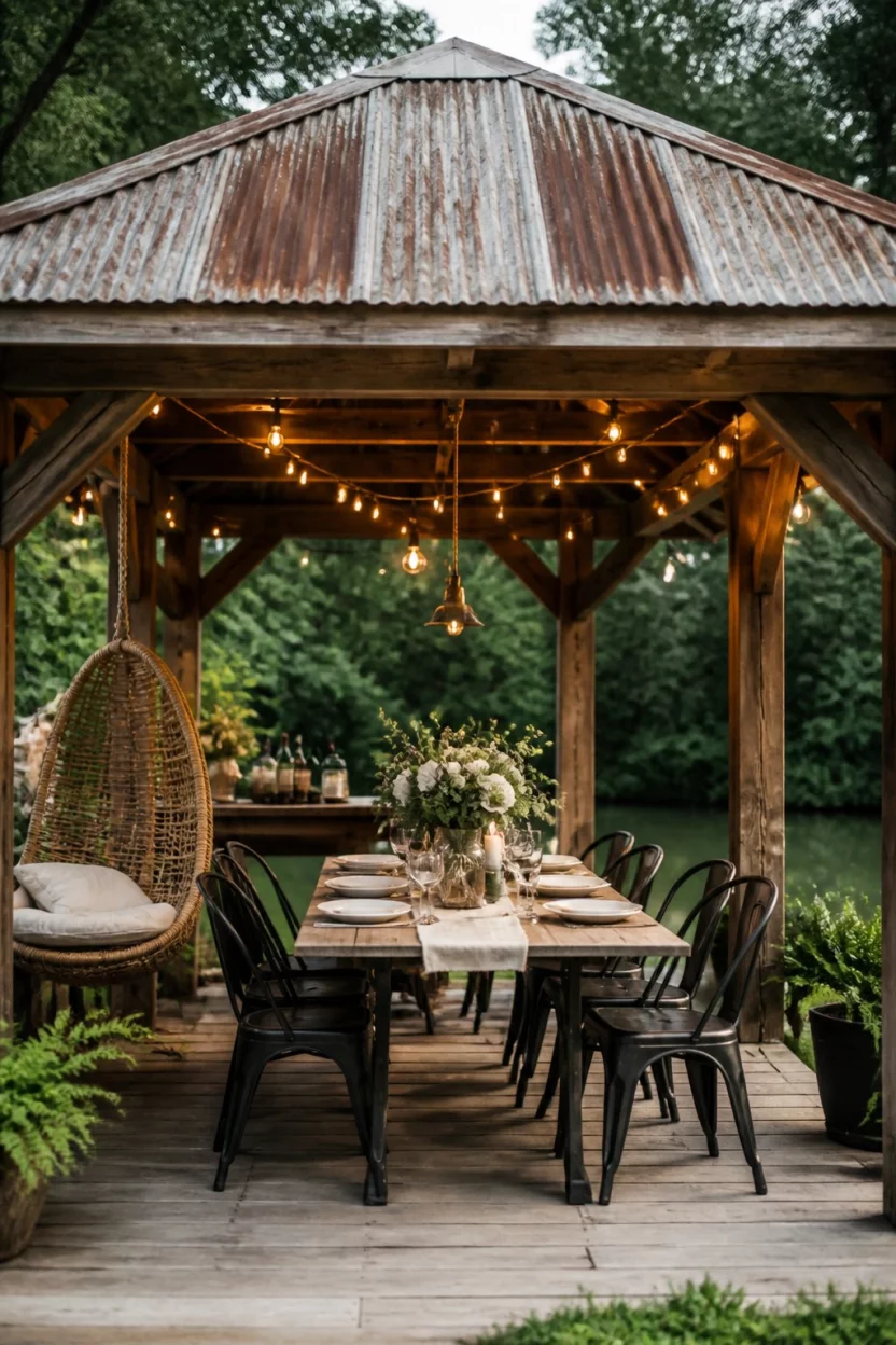Corrugated Metal Dining Gazebo A realistic photo of a rustic wooden gazebo with a weathered corrugated metal roof over an outdoor dining table set with white plates and flowers, featuring a hanging wicker egg chair and warm glowing string lights.