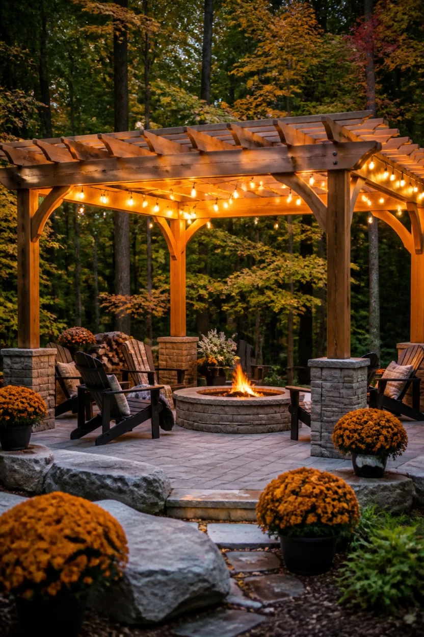 Autumnal Woodland Fire Pit A realistic photo of a warm wooden pergola lit by yellow string lights over a stone fire pit area, surrounded by dark chairs and orange potted chrysanthemums against a backdrop of dense autumn woods.