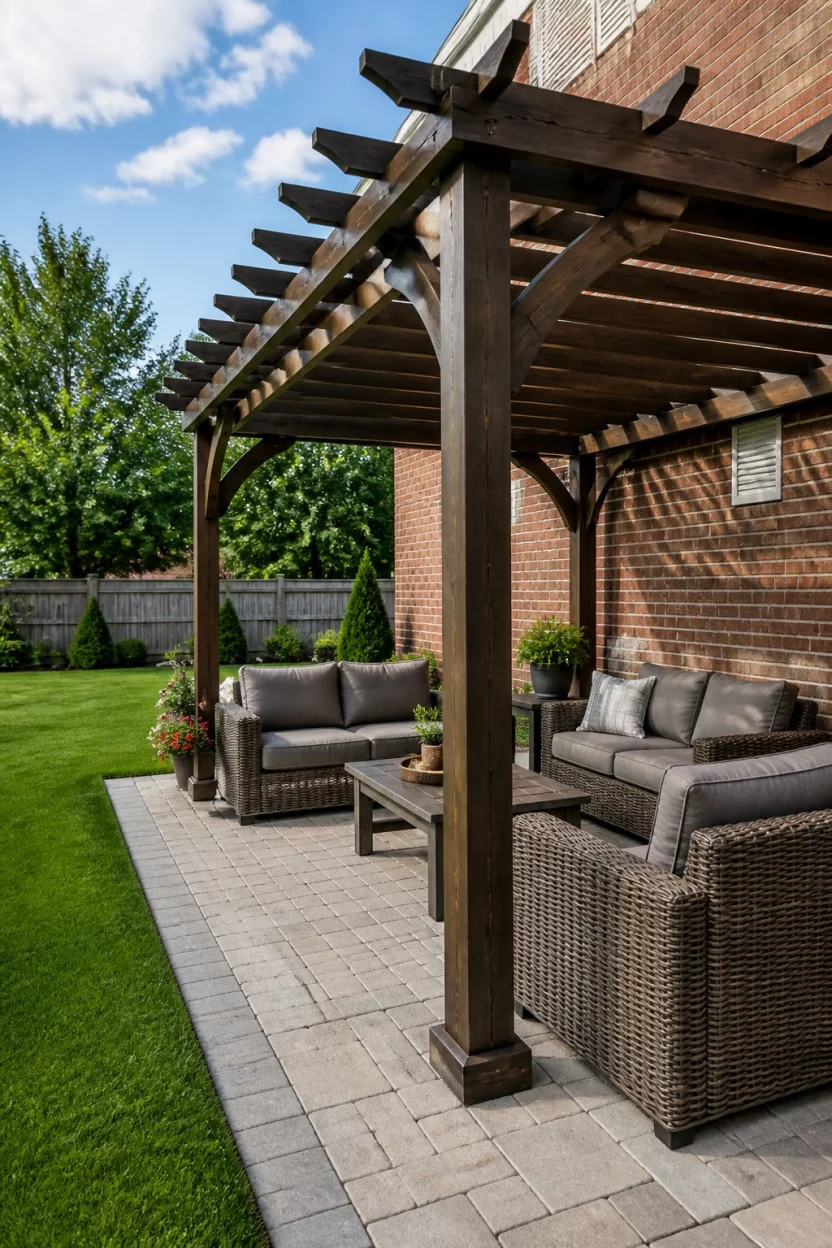 Structured Paved Sophistication A realistic photo of a dark wood structured pergola over a paved stone patio, featuring modern wicker furniture with gray cushions situated next to a tall red brick wall and a perfectly manicured green lawn.