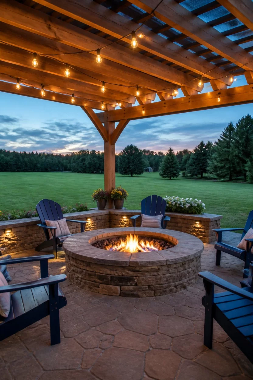 Twilight Entertaining Hub A realistic photo of an expansive backyard wooden pergola covering a large stone fire pit area with casual blue Adirondack chairs and glowing string lights overhead, overlooking a mowed green lawn during the early evening dusk.