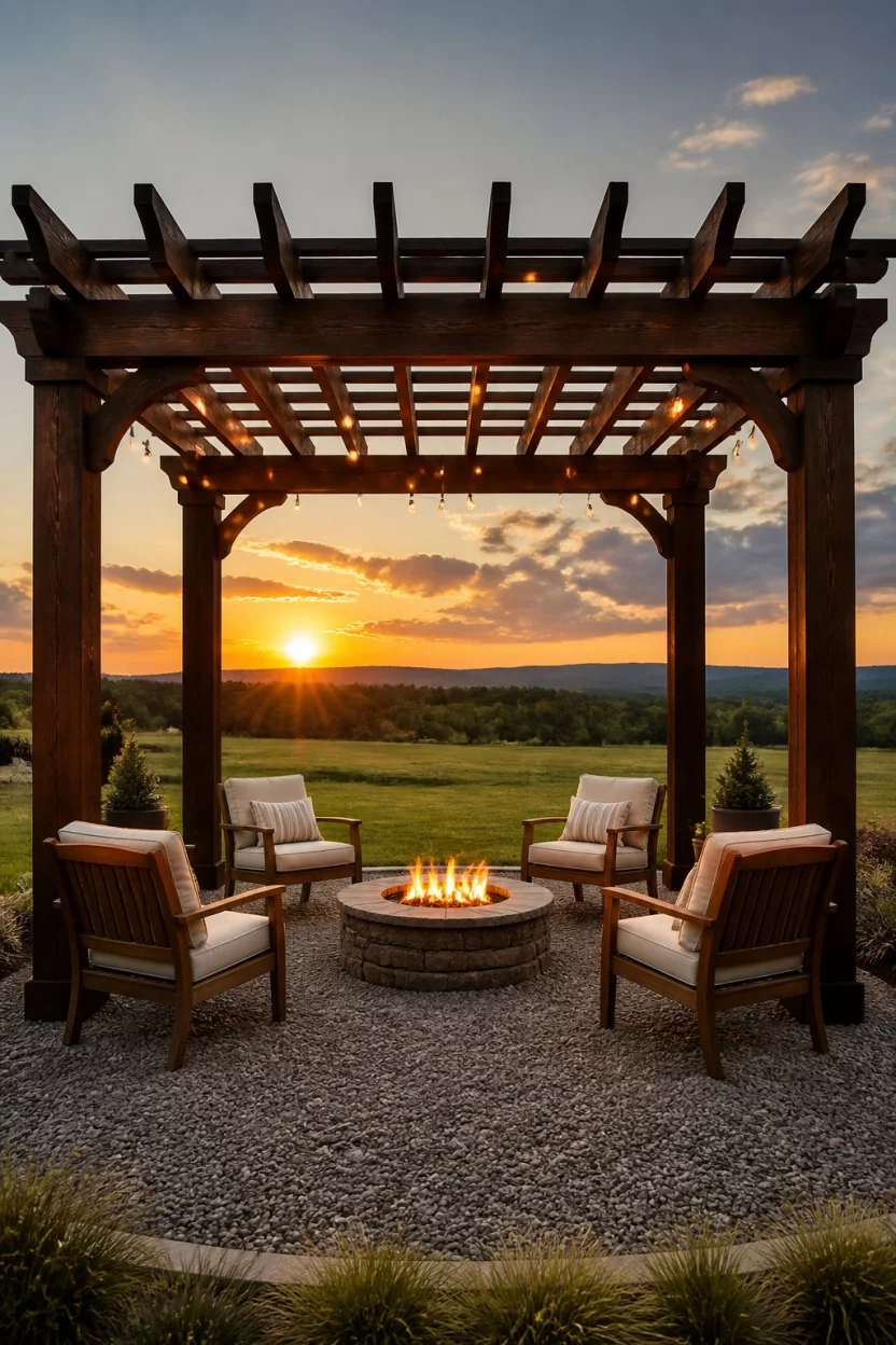 Intimate Stone Fire Pit Shroud A realistic photo of a sturdy dark wood pergola centered over a low stone fire pit on a gravel patio, with comfortable wooden armchairs looking out over a wide grassy field during a golden hour sunset.