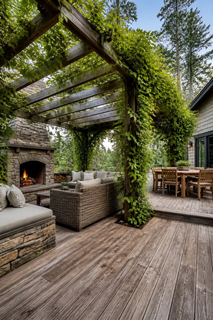 The Multi Level Deck Masterpiece A realistic photo of a rustic wooden deck with a large pergola partially covered in green climbing ivy, featuring a stone outdoor fireplace and built in stone seating next to a separate wooden dining area.