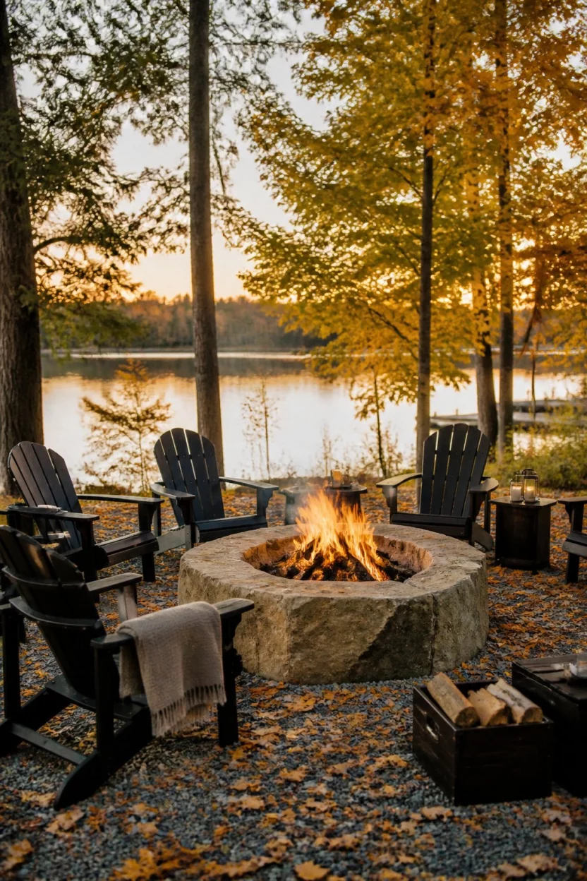 Rustic Autumn Gravel Gathering A realistic photo of an autumn outdoor gathering area with dark Adirondack chairs around a large rough hewn stone fire pit with a roaring wood fire on a pea gravel patio littered with orange leaves.