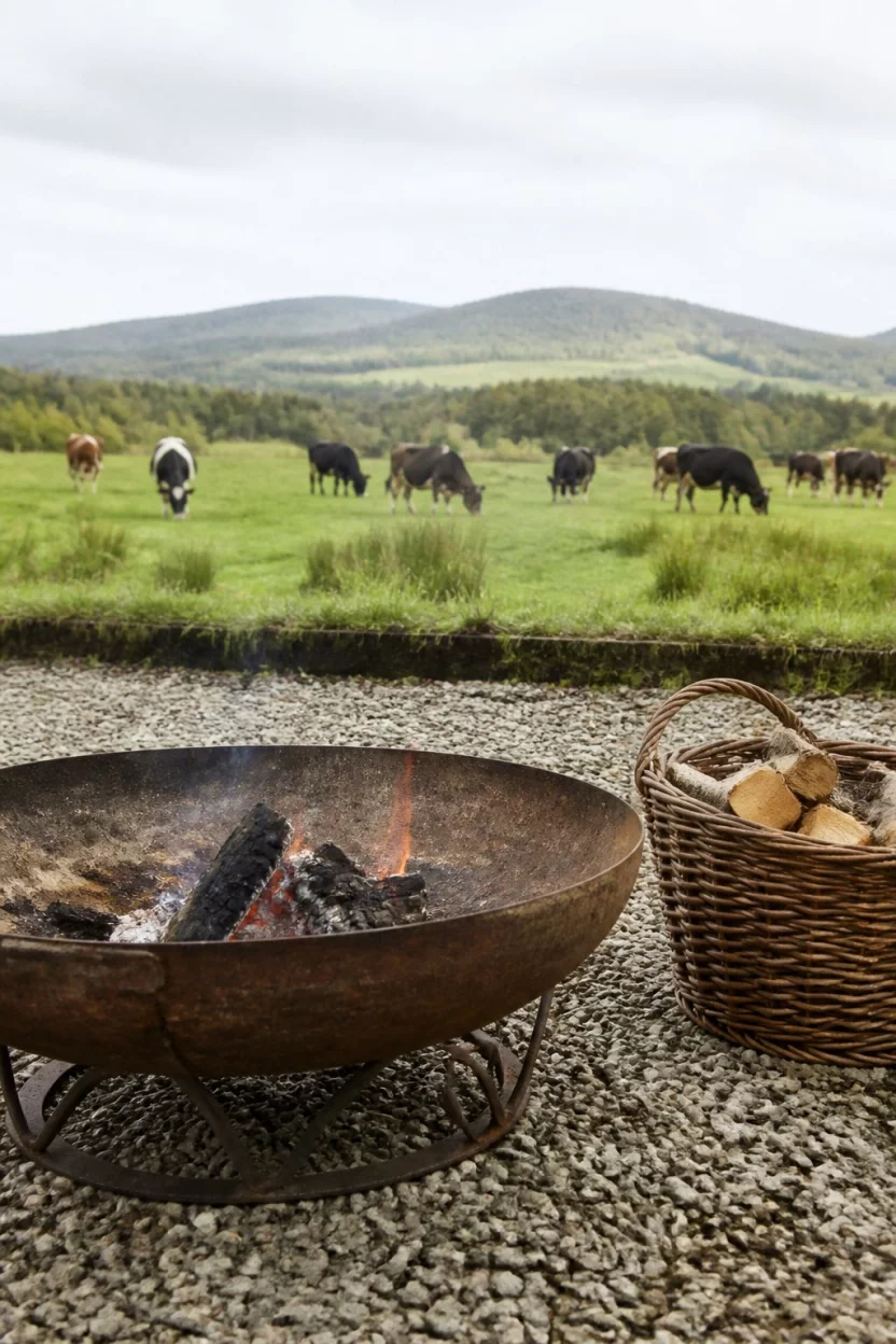 Rustic Metal Bowl Overlook A realistic photo of a rustic outdoor setting featuring a large weathered metal fire bowl with smoldering wood set on gravel near a wicker basket overlooking a grassy field with cattle.