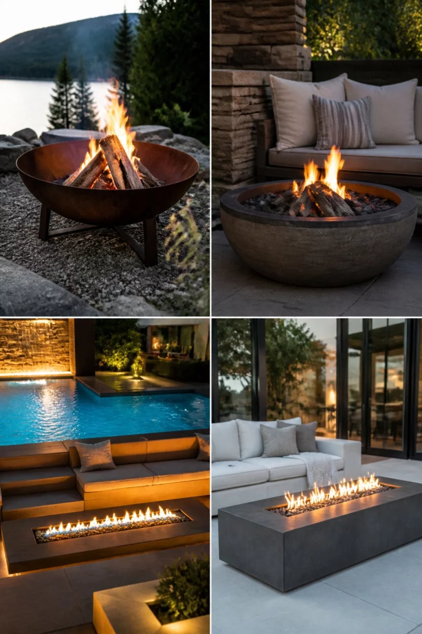 Multi Functional Fire Feature Collage A realistic photo collage of four outdoor living scenes featuring two wood burning fire pits one sunken gas fire pit by a pool and one modern rectangular gas fire pit.
