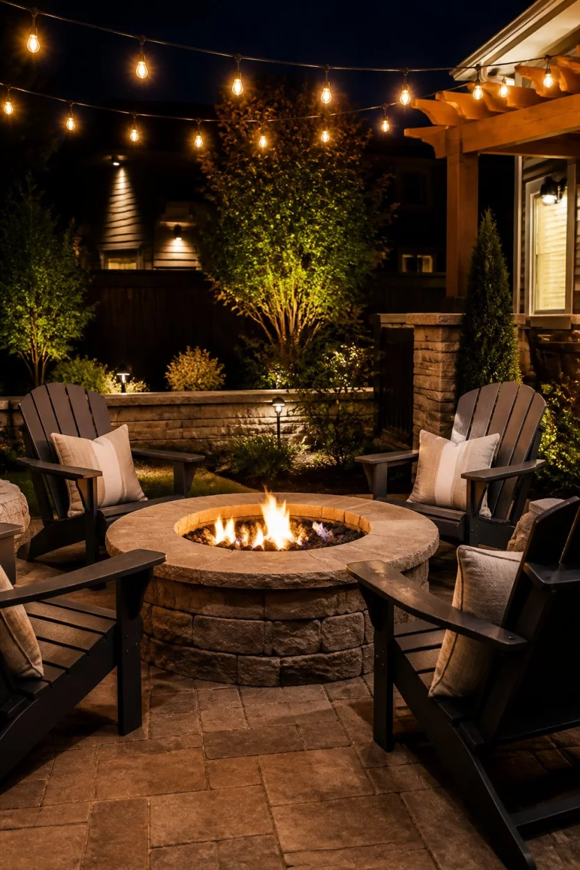 Ambient Nighttime Stone Sanctuary A realistic photo of an inviting nighttime backyard scene with a glowing stone fire pit surrounded by dark Adirondack chairs with plush cushions under soft outdoor ambient string lighting.
