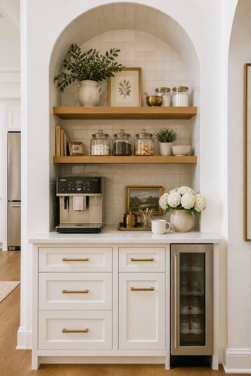 Tiled Coffee Station Nooks A realistic photo of a kitchen nook with white cabinetry featuring a built in coffee station under a beautiful tiled archway and open wooden shelves displaying glass jars and decorative kitchenware.
