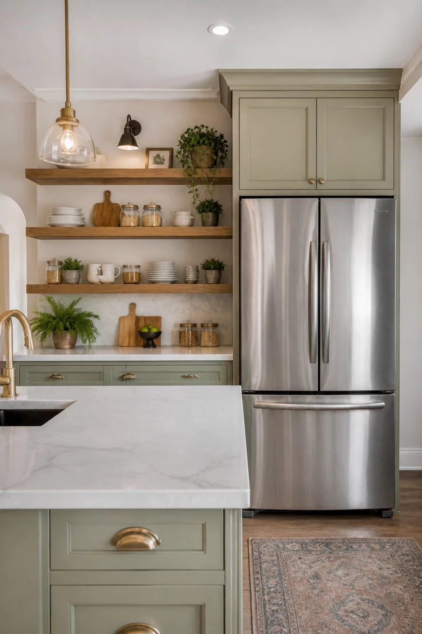 Sage Green Open Shelving A realistic photo of a spacious kitchen featuring light sage green cabinetry and a large stainless steel refrigerator with decorative open wooden shelves holding jars and plants.