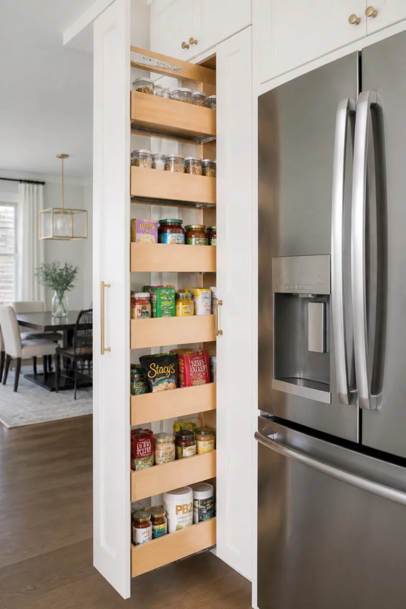 Wooden Pull Out Pantry Drawers A realistic photo of a kitchen featuring a tall pull out pantry cabinet next to a stainless steel refrigerator with multiple light wood drawers filled with organized jars and boxes.