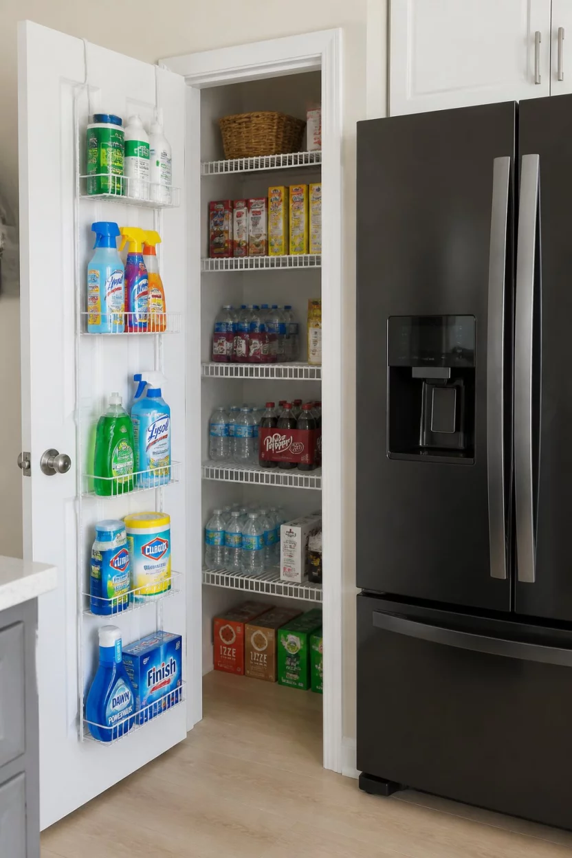 Door Mounted Storage Racks A realistic photo of a kitchen pantry with a door mounted wire storage rack and shelves holding cleaning supplies and drinks next to a sleek black refrigerator.