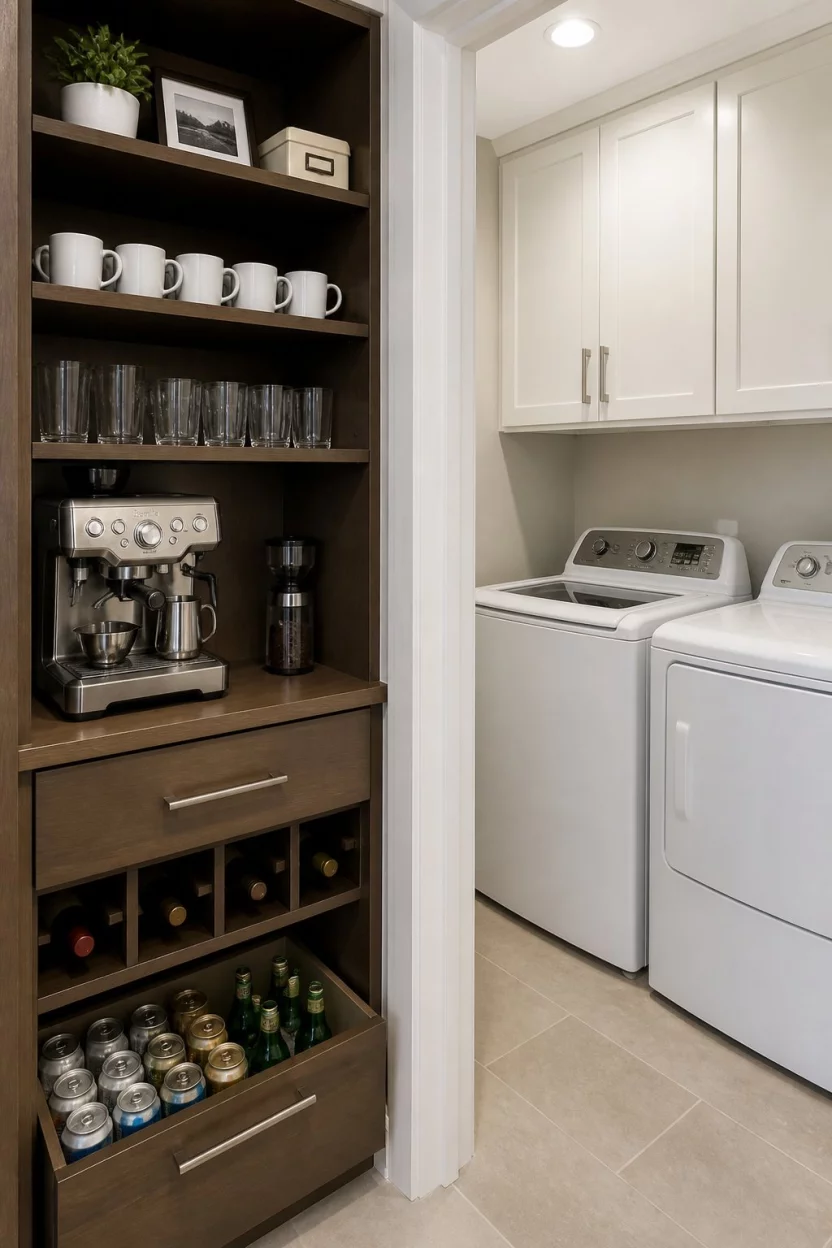 Custom Utility Closets A realistic photo of a kitchen utility closet with open dark wood shelving for an espresso machine and drink storage located conveniently near a laundry area with white appliances and neutral walls.