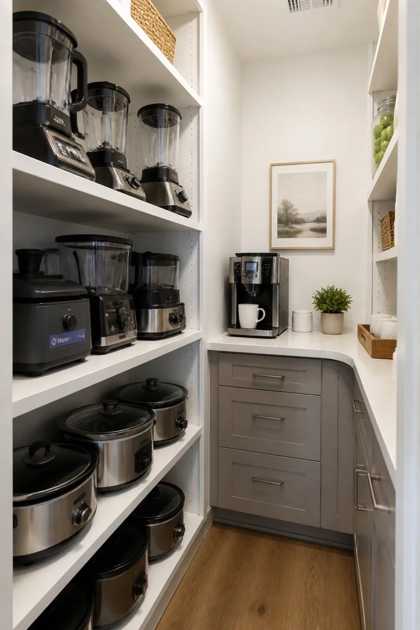 Vertical Small Appliance Stations A realistic photo of a kitchen pantry featuring narrow white shelves stacked with blenders and slow cookers and a built in corner countertop workspace with a sleek coffee machine and neutral decor.
