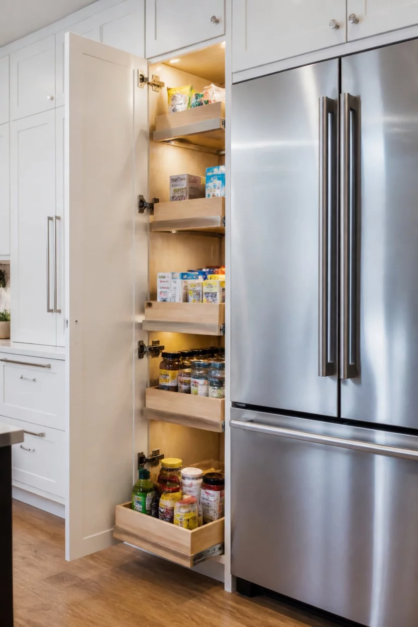 Illuminated Pull Out Cabinets A realistic photo of a bright white kitchen featuring a tall illuminated pull out pantry cabinet with wooden drawers stocked with food items next to a large refrigerator.