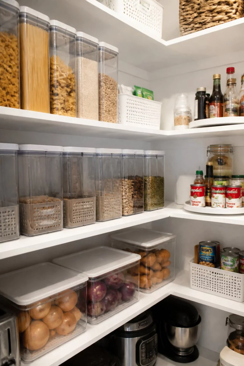 Clear Plastic Vegetable Bins A realistic photo of a kitchen pantry interior featuring various dry goods and ingredients like onions and potatoes stored in ventilated clear plastic containers on white shelves.