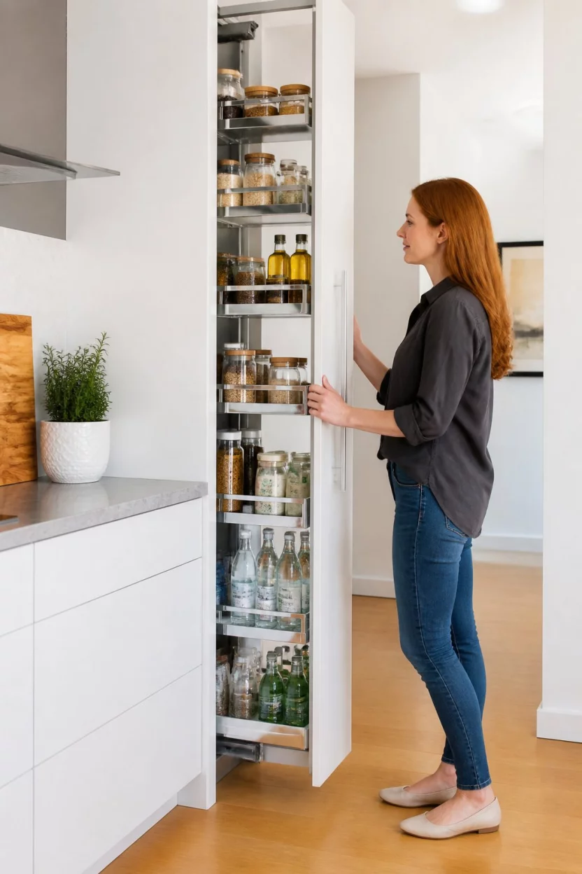 Tall Narrow Pull Out Cabinets A realistic photo of a modern kitchen showing a sleek tall and narrow pull out pantry cabinet with multiple slim metal shelves being accessed by a woman with red hair in a brightly lit contemporary setting.