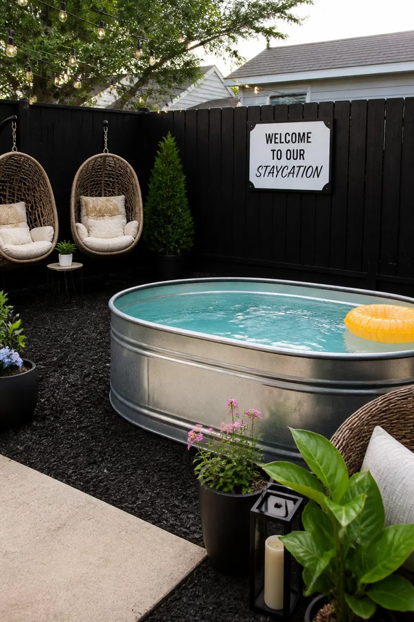 Modern Dark Mulch Minimalism A realistic photo of a modern backyard patio with a shiny stock tank pool, a playful sign on the fence, hanging wicker egg chairs, and deep black mulch providing a sharp aesthetic contrast.