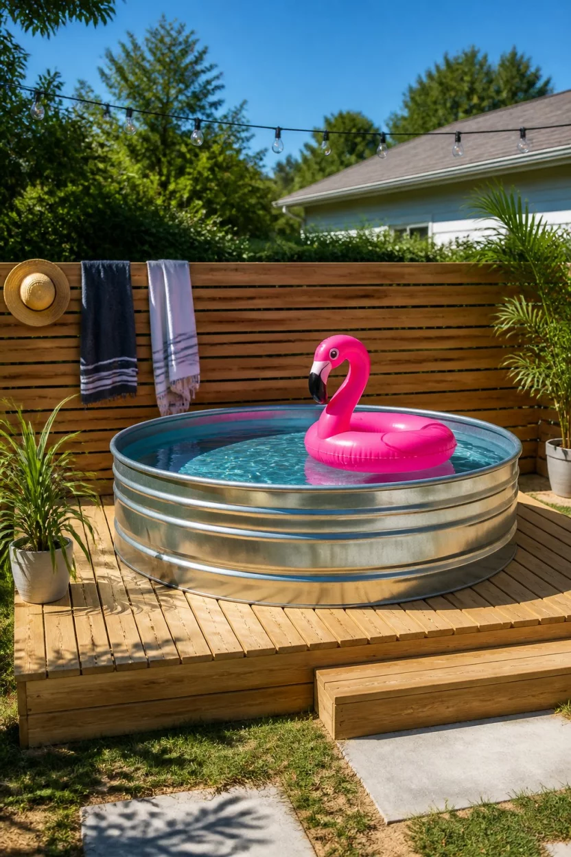 Pink Flamingo Platform A realistic photo of a sunny backyard with a stock tank pool on a raised wooden platform, featuring a bright pink flamingo float and towels on a slat fence.