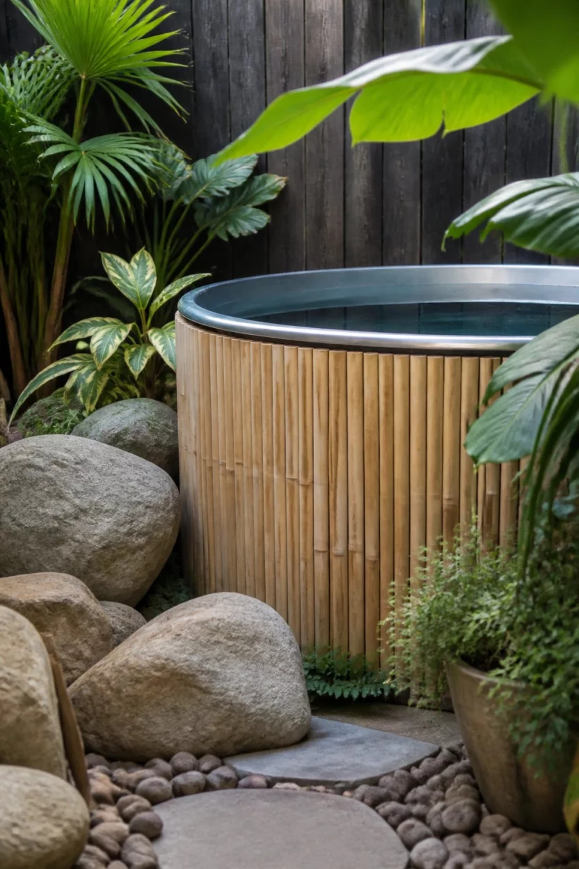 Tropical Bamboo Retreat A realistic photo of a garden corner featuring a stock tank pool hidden behind a light brown bamboo exterior wrap, nestled among large smooth rocks and tropical leafy plants against a dark wooden fence.