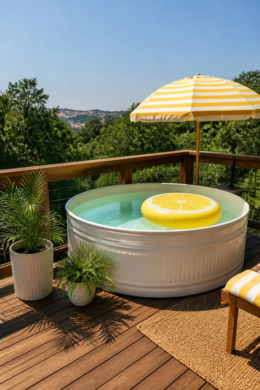 Lemon Float Sunshine A realistic photo of a white stock tank pool on a wooden platform featuring a large yellow lemon float and a yellow striped umbrella in the sun.