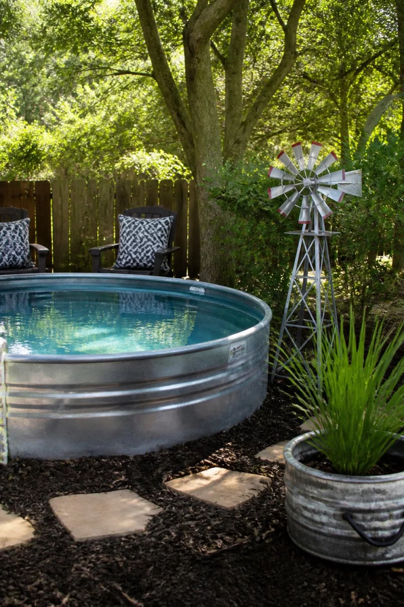 Rustic Windmill Oasis A realistic photo of a rustic backyard featuring a stock tank pool surrounded by trees, dark mulch, patterned outdoor cushions, and a miniature decorative silver windmill.