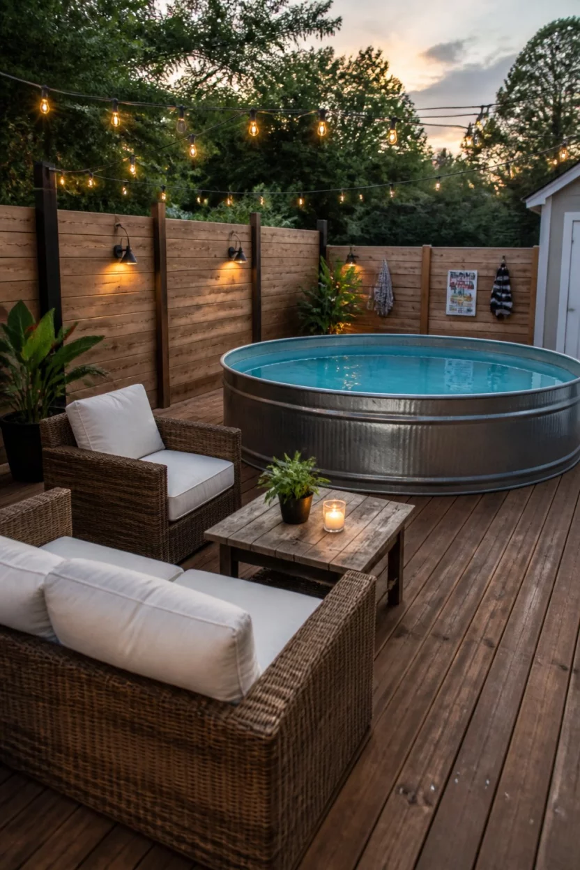 Elevated Wicker Relaxation Deck A realistic photo of an elevated wooden deck featuring a round galvanized stock tank pool, comfortable outdoor wicker seating with white cushions, string lights, and a tall privacy fence.