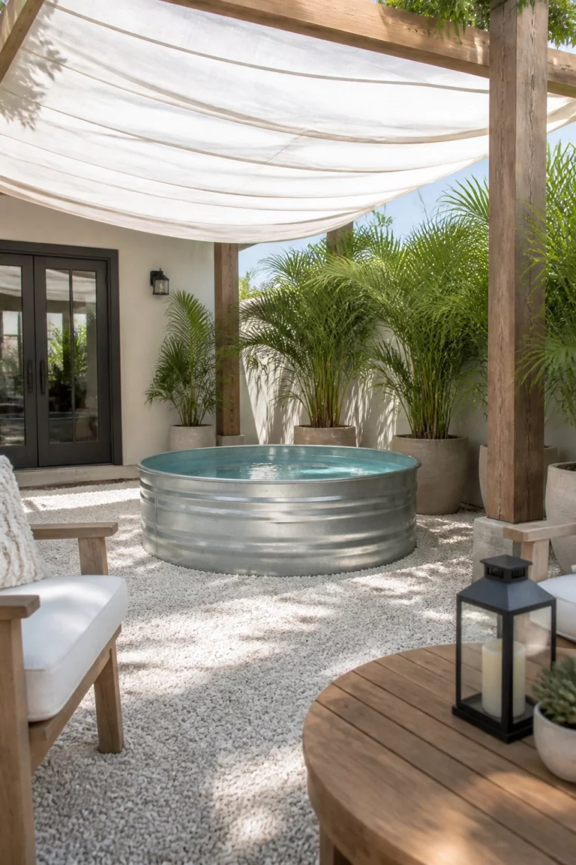 Shaded Gravel Sanctuary A realistic photo of a shaded patio with a stock tank pool, white gravel ground cover, potted palm trees, and a translucent white canopy stretched over wooden posts to provide soft filtered sunlight.
