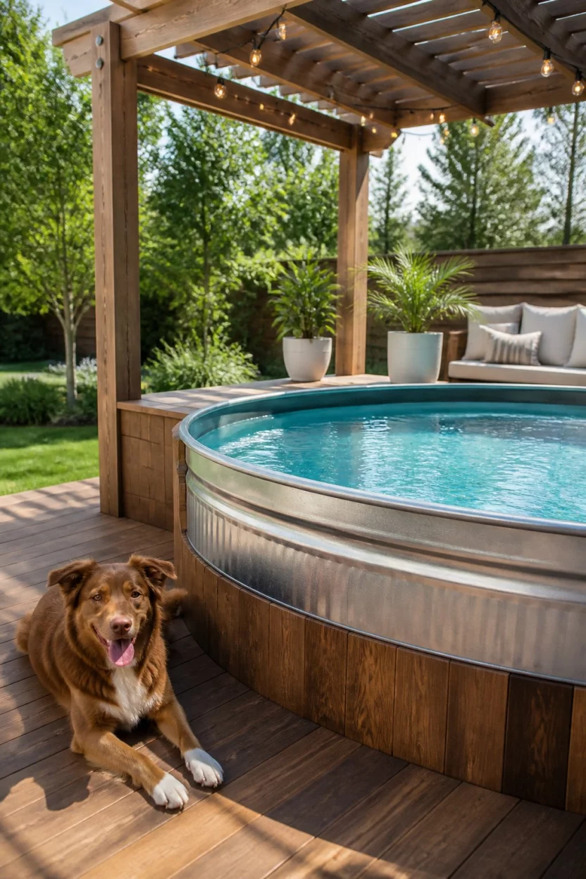 Submerged Deck Retreat A realistic photo of a modern backyard featuring a stock tank pool partially built into a raised wooden deck with a dog lounging nearby on the wood.