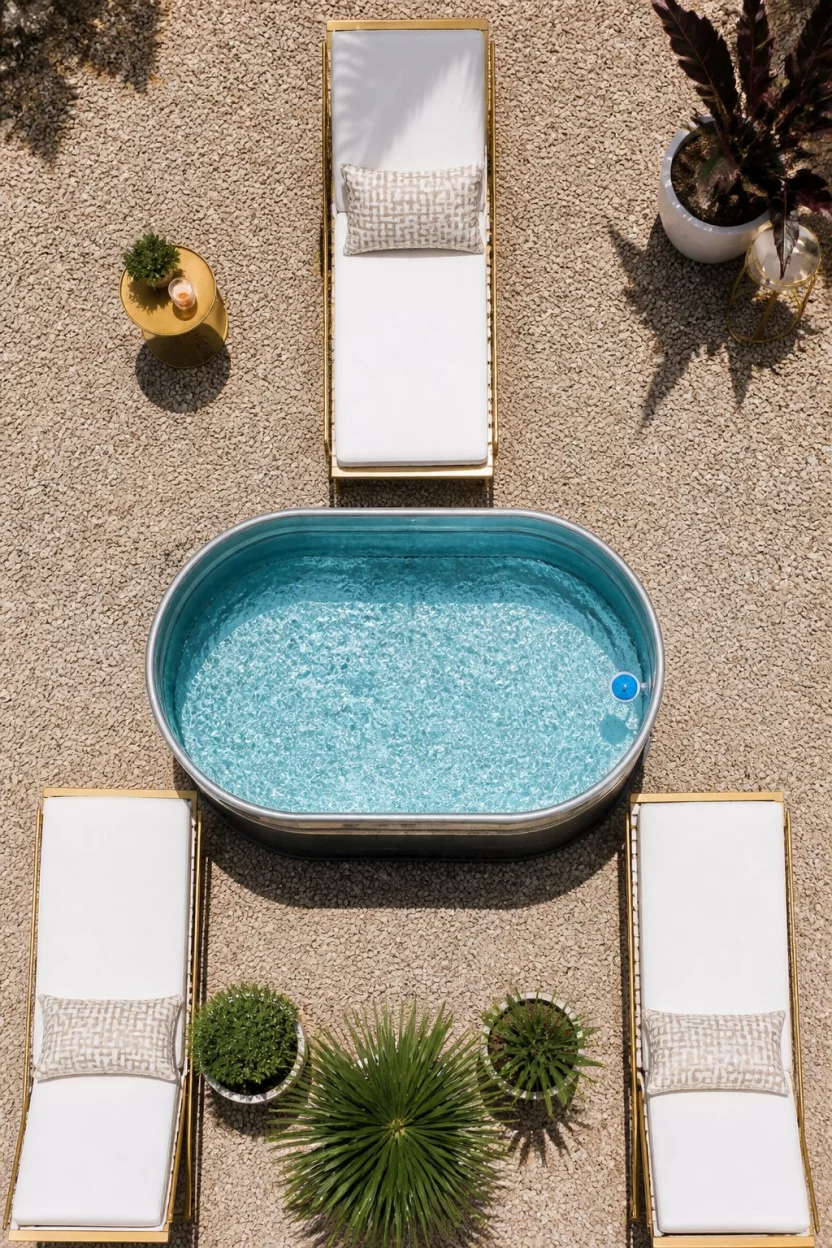 Sunlit Gold Lounge Circle A realistic photo of an overhead view of a sunny gravel patio featuring a silver stock tank pool centered between three elegant white and gold lounge chairs.